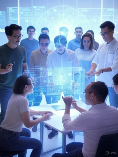 Team of scientists or engineers analyzing advanced holographic data in a futuristic lab setting.