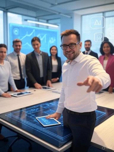 A businessman demonstrates a digital interface to colleagues during a presentation in a modern conference room. A businessman demonstrates a digital interface to colleagues during a presentation in a modern conference room.