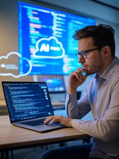 A man studying AI and cloud computing code on his laptop in front of large screen displays. A man studying AI and cloud computing code on his laptop in front of large screen displays.