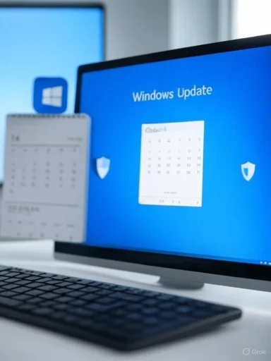 A computer screen displays a Windows Update prompt in a modern workspace setup. A computer screen displays a Windows Update prompt in a modern workspace setup.