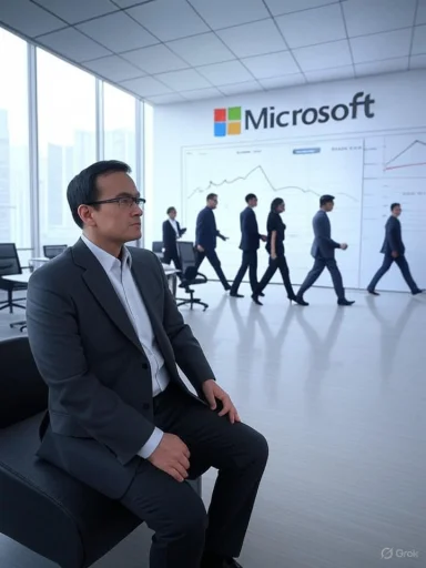 A man in a suit sits thoughtfully in a modern boardroom with Microsoft branding and a line graph in the background.