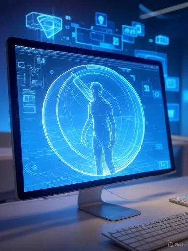 A futuristic human diagnostic interface displays a digital outline of a person with data overlays and holographic screens.
