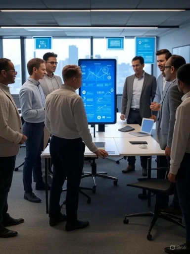 A group of professionals in a conference room discussing data displayed on a large interactive screen.