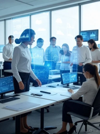 A team discusses data and analysis around a transparent digital display in a modern office. A team discusses data and analysis around a transparent digital display in a modern office.