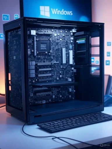 Open computer case revealing internal components, with a Windows screen in the background.