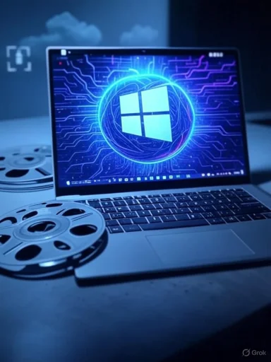A laptop with a Windows logo on the screen, surrounded by film reels, emitting a digital, futuristic glow.