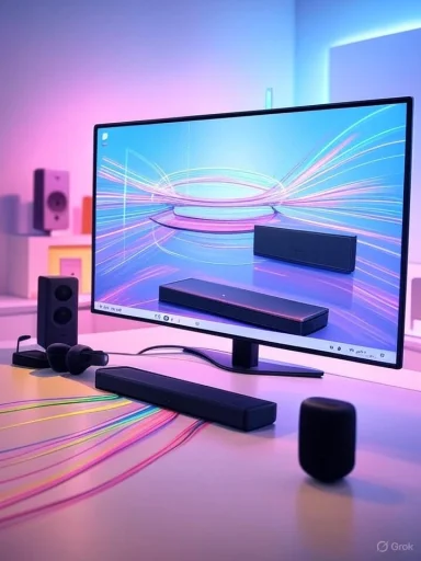 A modern home entertainment setup features a large monitor, audio speakers, soundbar, and colorful LED lighting effects.