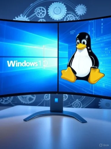 A computer monitor displays the Windows 10 logo alongside Tux, the Linux penguin mascot.