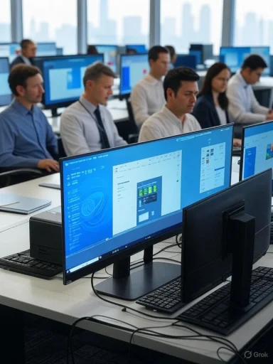 Office training session with employees working on desktops in a modern, high-rise building.