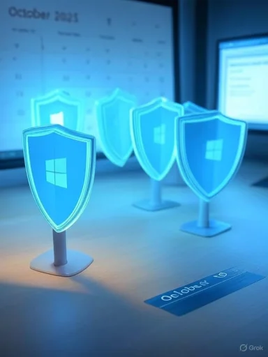 Miniature illuminated shields with Windows logo symbolize computer security or protection. Miniature illuminated shields with Windows logo symbolize computer security or protection.