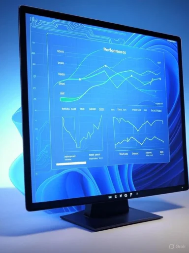 A computer monitor displays data analytics and graphs in a high-tech, futuristic style with a blue background.