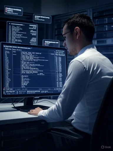 A man analyzes data on multiple computer screens in a dark, high-tech environment.