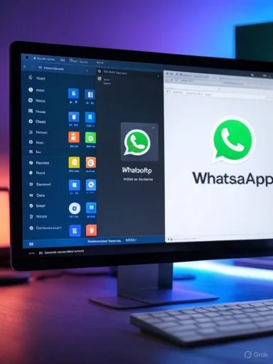 A computer screen displays WhatsApp and WhatsAuth logos, with application icons on the left, illuminated by colorful lighting. A computer screen displays WhatsApp and WhatsAuth logos, with application icons on the left, illuminated by colorful lighting.
