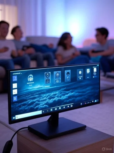 People sitting in a living room watching a presentation or video on a large TV monitor.