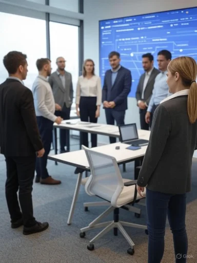 A diverse group of professionals in a modern conference room, engaged in a discussion with a large data screen in the background.