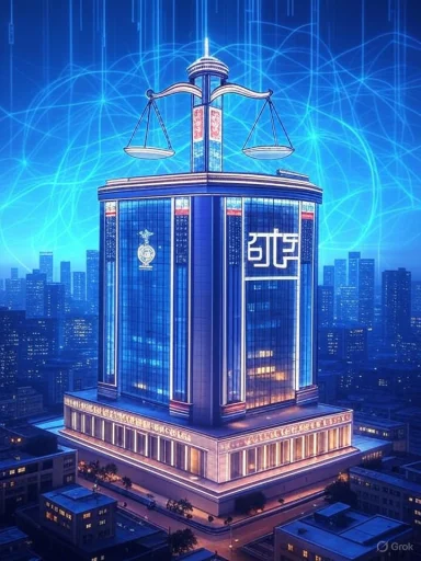 A futuristic city skyscraper with a giant scale and symbolic elements, glowing blue against a high-tech urban backdrop.