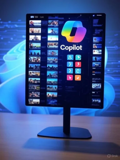A holographic display shows the Copilot software interface with video thumbnails and colorful app icons.