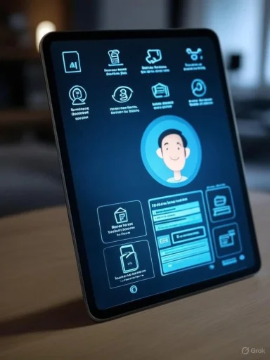 A digital biometric identification interface displays facial recognition and personal data options on a tablet. A digital biometric identification interface displays facial recognition and personal data options on a tablet.