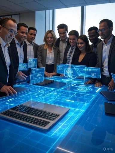 Team of professionals discussing futuristic holographic interface in a modern office.
