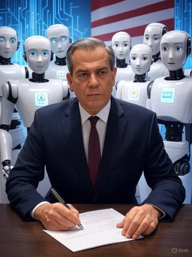A man in a suit signing a document surrounded by robots and an American flag. A man in a suit signing a document surrounded by robots and an American flag.