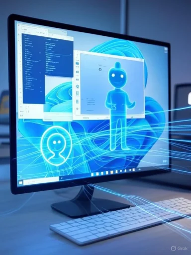 A computer monitor displays holographic digital characters and data streams, illustrating advanced AI or virtual assistant technology.