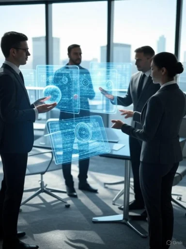Business professionals using augmented reality holograms in a modern office meeting. Business professionals using augmented reality holograms in a modern office meeting.
