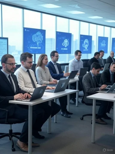 Business professionals attend a conference or seminar in a bright, modern office with digital brain illustrations on screens.