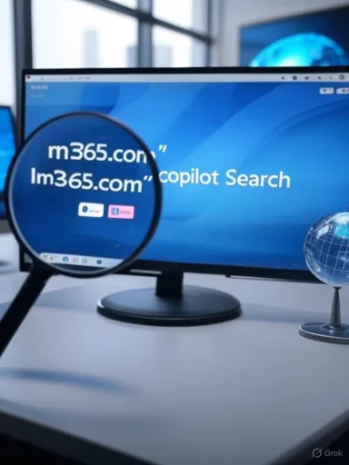 A computer monitor displays the search term 'm365.com' with a magnifying glass highlighting the screen, set in a modern office. A computer monitor displays the search term 'm365.com' with a magnifying glass highlighting the screen, set in a modern office.