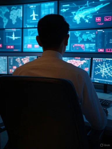 A person monitors multiple digital screens displaying global flight data and security information in a high-tech control room. A person monitors multiple digital screens displaying global flight data and security information in a high-tech control room.