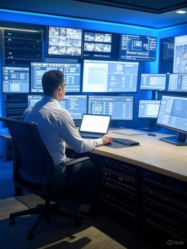A person monitors multiple screens displaying security footage and data in a high-tech control room.