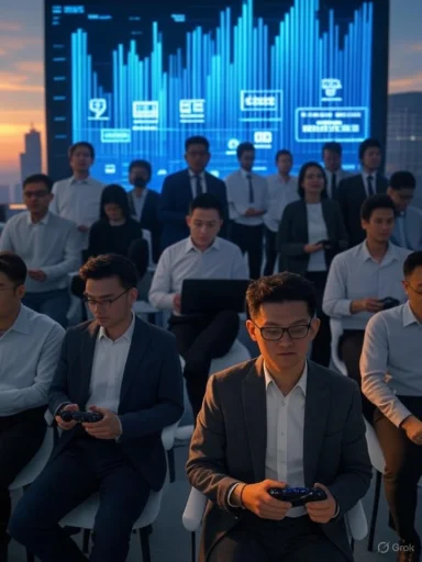 A group of professionals in business attire are seated and standing in front of a large digital screen displaying data visualizations, during a conference or presentation at sunset.
