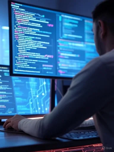 A person analyzes complex code and data on multiple large screens in a dark, high-tech programming or cybersecurity environment. A person analyzes complex code and data on multiple large screens in a dark, high-tech programming or cybersecurity environment.