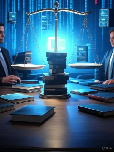A digital courtroom scene with balanced scales, books, and two lawyers, symbolizing justice in a high-tech environment.