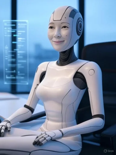 A humanoid robot with a human-like face, sitting at a desk in a futuristic office setting.