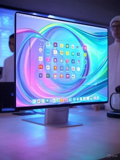 A curved computer monitor displays a colorful app grid, with people observing in the background.