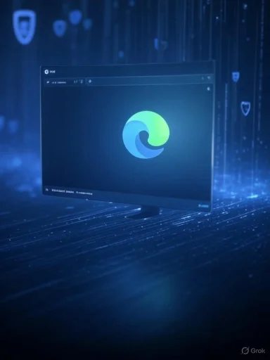 A digital screen displaying a logo, with a futuristic blue digital background featuring security shields and data lines.