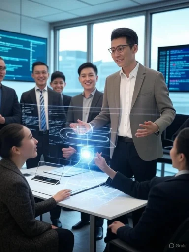 A professional presents a futuristic holographic interface to colleagues during a business meeting. A professional presents a futuristic holographic interface to colleagues during a business meeting.