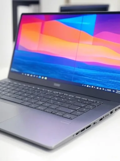 A sleek, modern laptop with a colorful, vibrant screen, placed on a white surface.