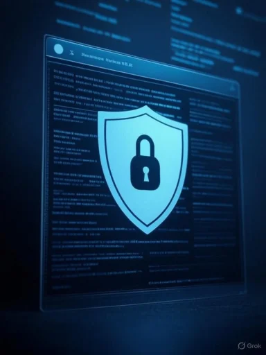 A digital security interface with a shield and padlock symbol signifying cybersecurity or data protection.