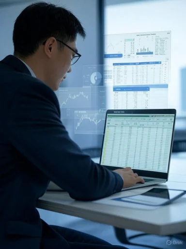 A businessman analyzes financial data on a laptop surrounded by digital charts and reports in a modern office.