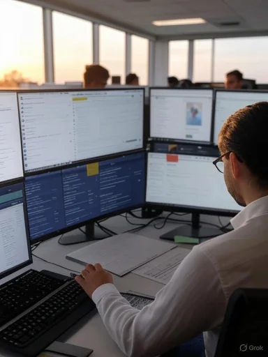 An office worker manages multiple computer screens filled with emails and data during work hours.
