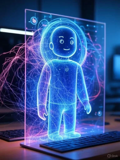 A glowing digital hologram of a cute, cartoon-style human figure emerging from a keyboard.