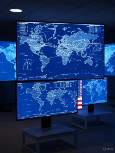 Multiple digital screens display a world map with data connections and analytics in a dark room.