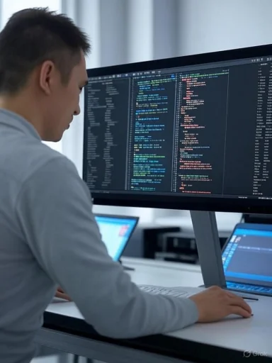 A person working on code displayed across multiple screens in a modern office setting. A person working on code displayed across multiple screens in a modern office setting.