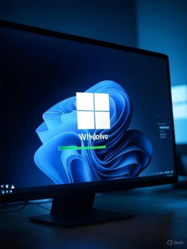 A computer screen displaying the Windows 11 loading screen with a 'Windolivo' logo, sitting in a dimly lit room.