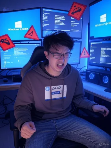 A person sitting in front of multiple computer monitors, appearing frustrated or stressed, in a dimly lit room with warning signs floating around.