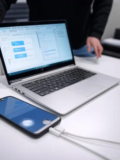 A laptop and smartphone are placed on a white table, with the laptop showing a workflow diagram on the screen.