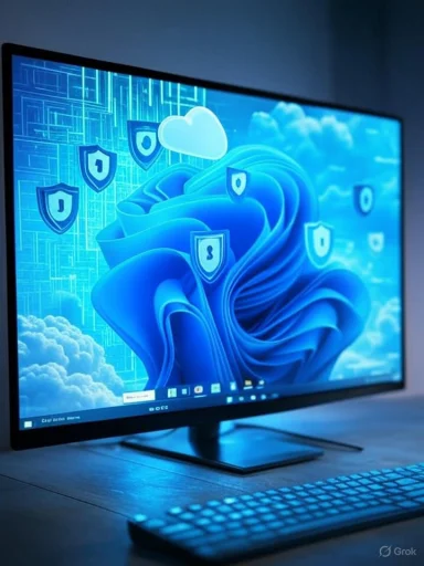 A computer monitor displays a cybersecurity-themed digital landscape with cloud icons and shield symbols.