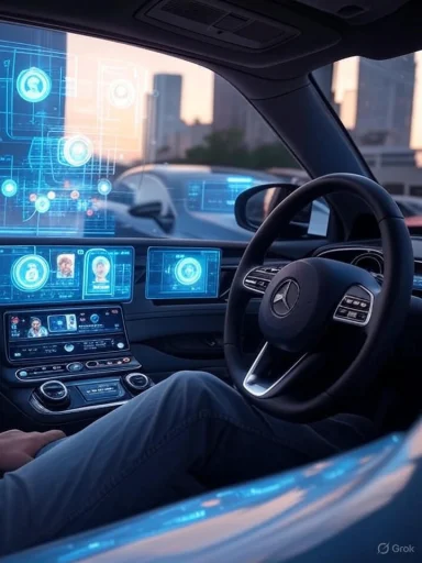 Futuristic Mercedes-Benz interior with advanced holographic displays and digital controls during sunset.