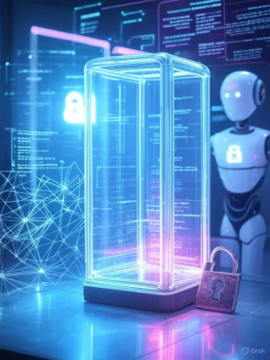 A futuristic digital data security concept with a glowing transparent server, a padlock, and a robot in the background.